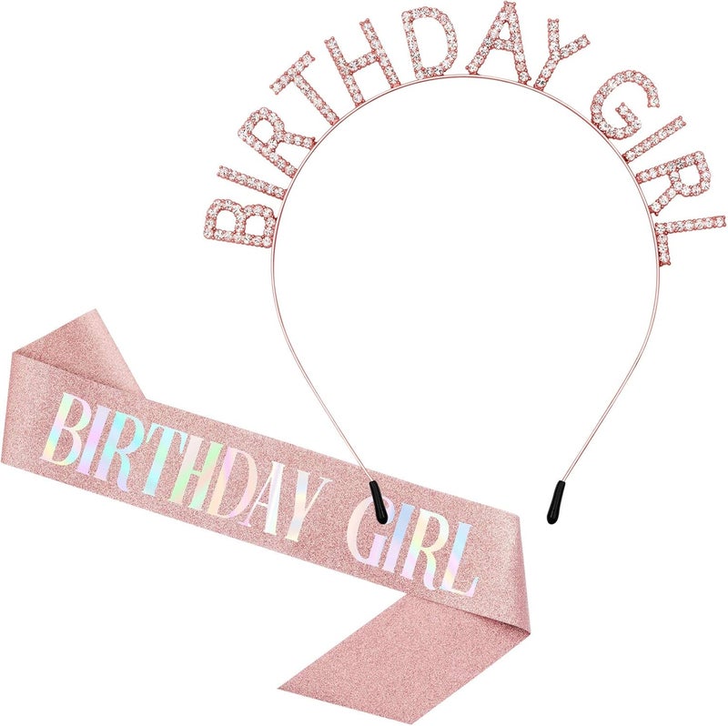 Aurmigle Birthday Crowns & Tiara Set, Rose-Gold Birthday Girl Sash & Rhinestone Headband, Princess Birthday Accessories - Image 1