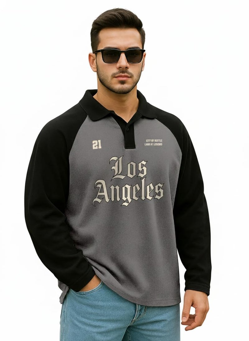 Veirdo® Loopknit Cotton Oversized Baggy Fit Drop Shoulder Full Sleeve Graphic Printed Polo T-Shirt for Men (PL_FS_LA_DG_BL_L) - Image 1