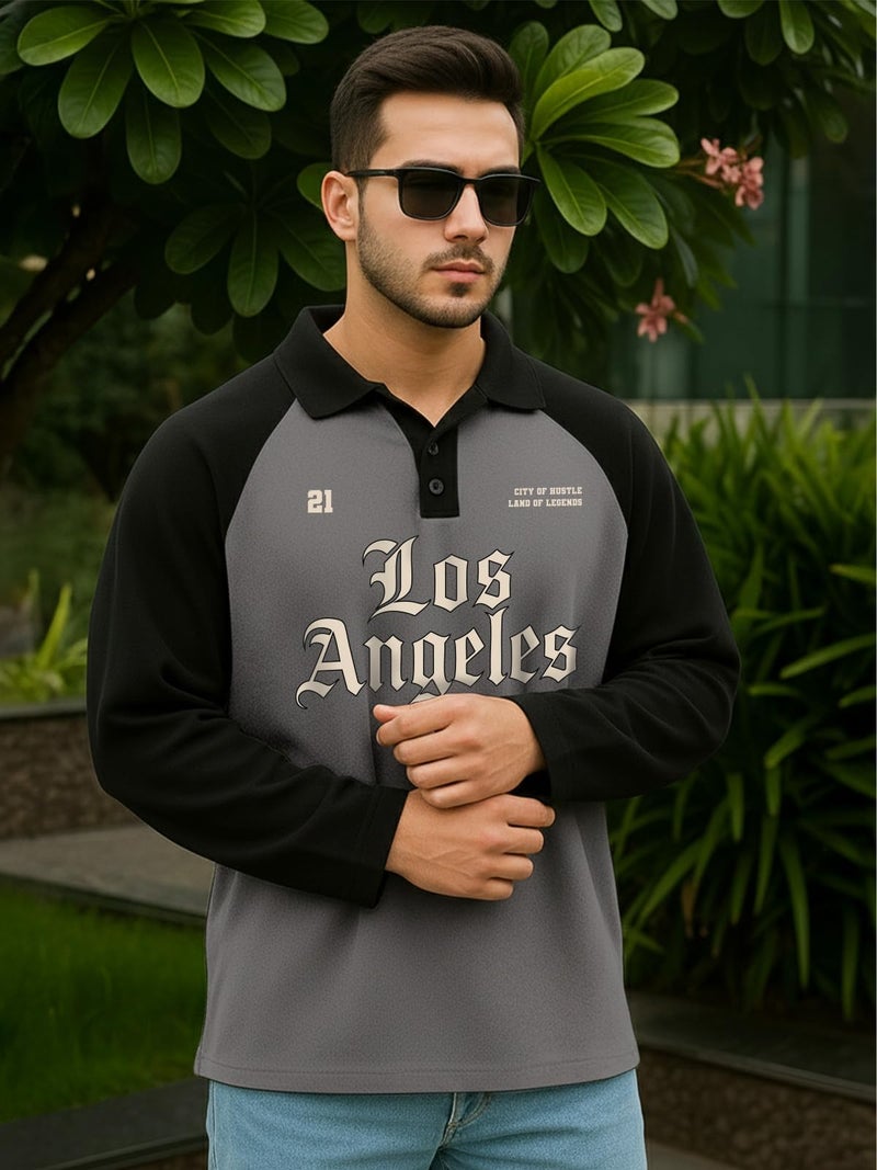Veirdo® Loopknit Cotton Oversized Baggy Fit Drop Shoulder Full Sleeve Graphic Printed Polo T-Shirt for Men (PL_FS_LA_DG_BL_L) - Image 5