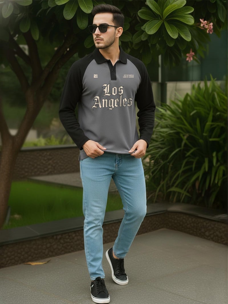 Veirdo® Loopknit Cotton Oversized Baggy Fit Drop Shoulder Full Sleeve Graphic Printed Polo T-Shirt for Men (PL_FS_LA_DG_BL_L) - Image 2