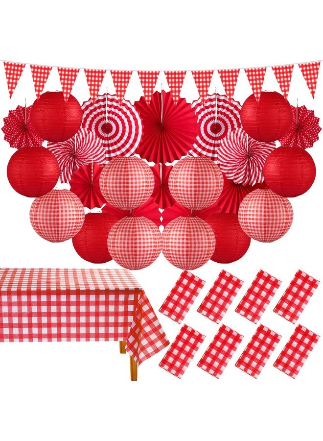 Moukeren 33 Pcs Picnic Party Decorations Set Paper Lanterns Red and White Checkered Gingham Pennant Banner with Hanging Paper Fans Tablecloth for Carnival Picnic BBQ Party Supplies - Image 1