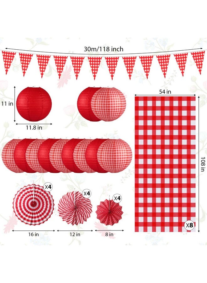 Moukeren 33 Pcs Picnic Party Decorations Set Paper Lanterns Red and White Checkered Gingham Pennant Banner with Hanging Paper Fans Tablecloth for Carnival Picnic BBQ Party Supplies - Image 2