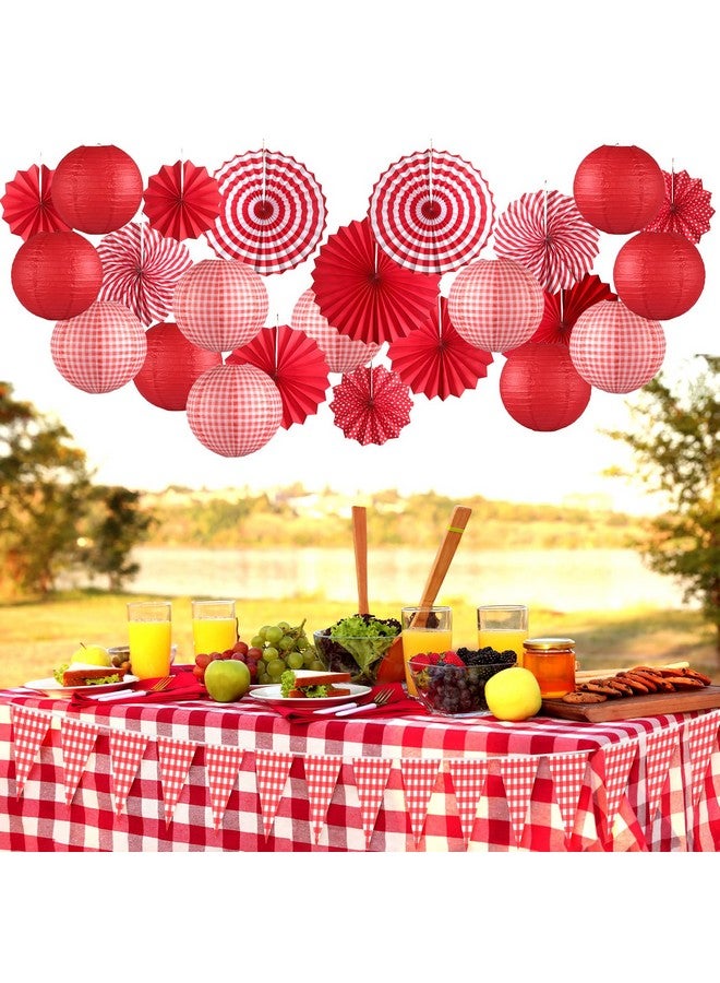Moukeren 33 Pcs Picnic Party Decorations Set Paper Lanterns Red and White Checkered Gingham Pennant Banner with Hanging Paper Fans Tablecloth for Carnival Picnic BBQ Party Supplies - Image 5
