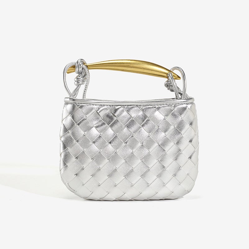 2024 Spring New silver Sardine Bag Soft Leather Woven Small Bag Metal Handlebar Half Shoulder Crossbody Bag Silver