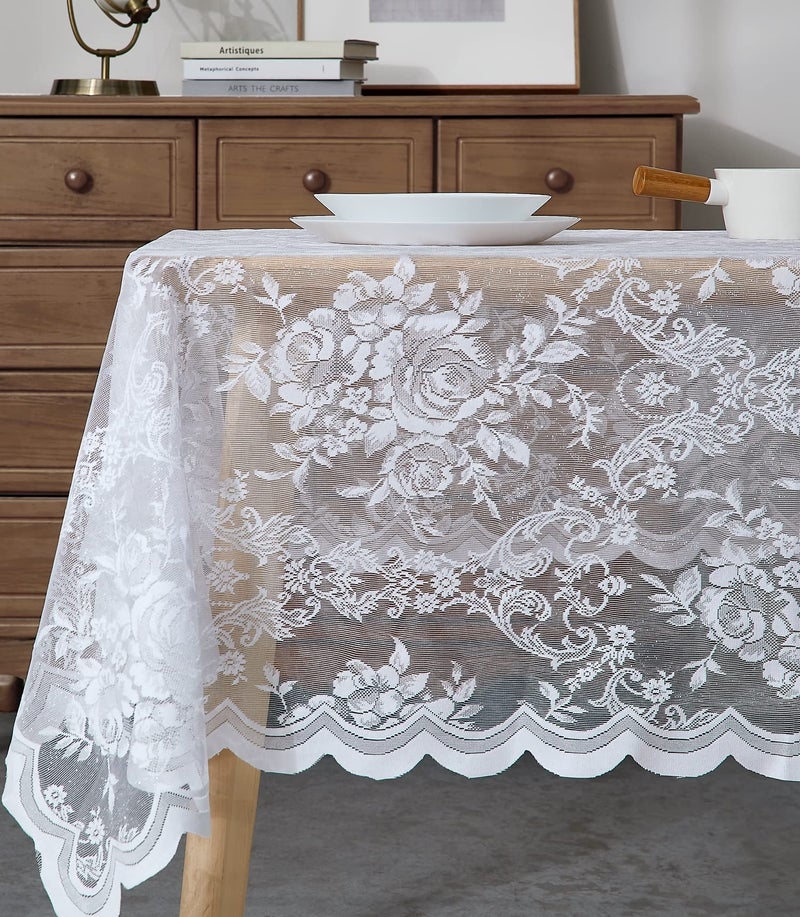 LinenZone Beautiful Oblong Lace Tablecloth with Elegant Scalloped Bottom for Any Special Event Such as Wedding  Birthday Party  Baby Shower  Anniversary. Sits 4 to 6 People. (Luna TC 54 x 72  White) - Image 2