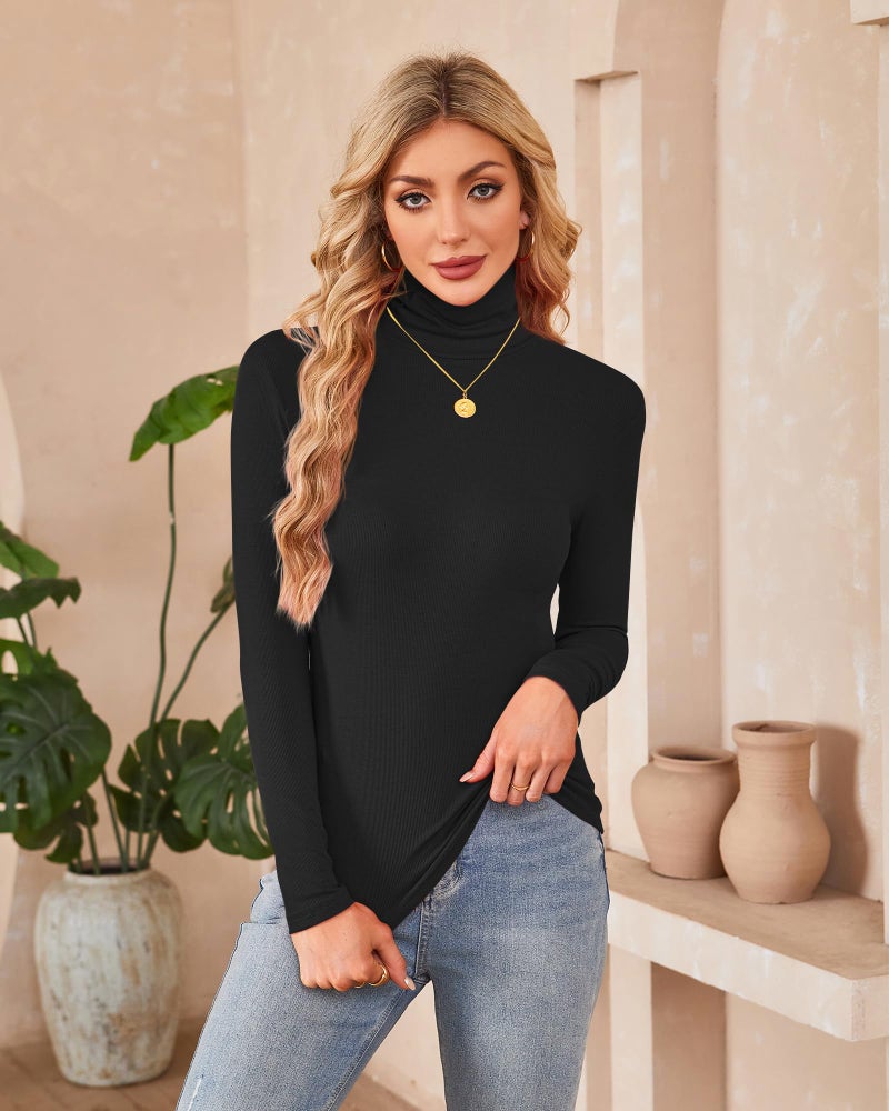 Herou Womens Turtleneck Long Sleeve Slim Fitted Lightweight Casual Active Layer 2 Pack Tops Shirts Black White XX-Large - Image 3