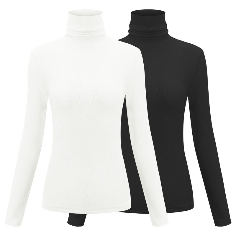 Herou Womens Turtleneck Long Sleeve Slim Fitted Lightweight Casual Active Layer 2 Pack Tops Shirts Black White XX-Large - Image 1