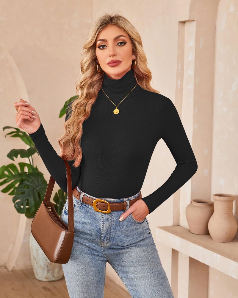 Herou Womens Turtleneck Long Sleeve Slim Fitted Lightweight Casual Active Layer 2 Pack Tops Shirts Black White XX-Large - Image 4