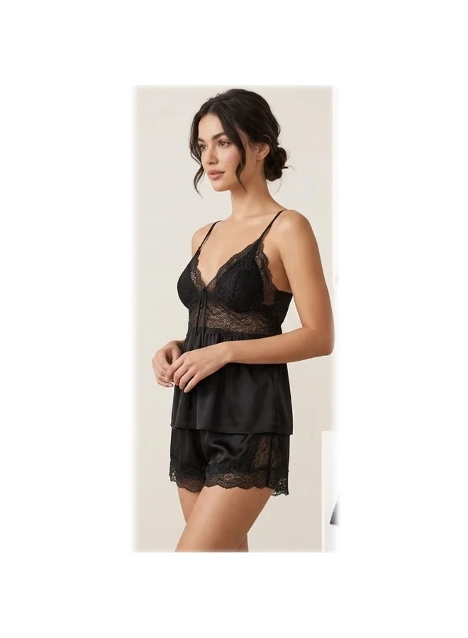 Caprisious Elegant Satin & Lace Cami Set with Matching Shorts