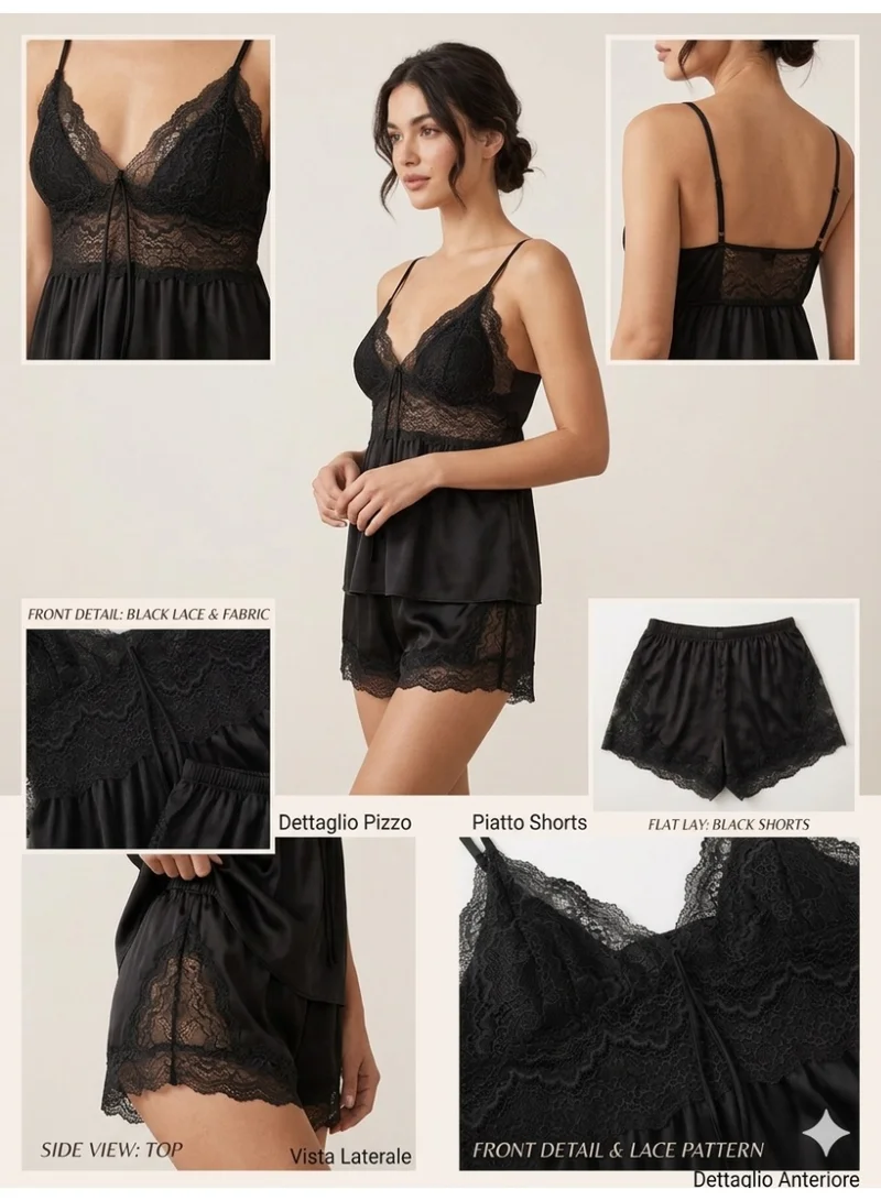 Caprisious  Elegant Satin & Lace Cami Set with Matching Shorts for Women | Best Price UAE