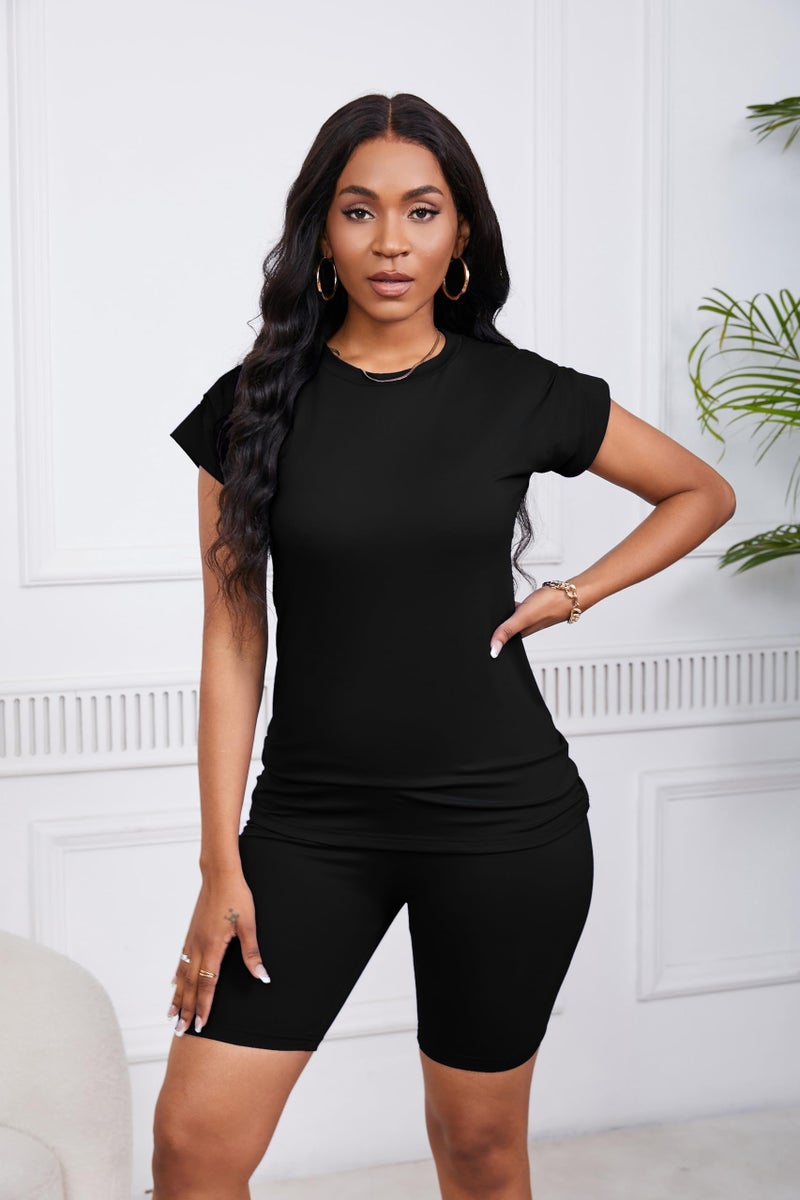 PINSV Women 2 Piece Outfits Summer Sweatsuits Track Suits Biker Short Workout Jogger Sets Black L - Image 3