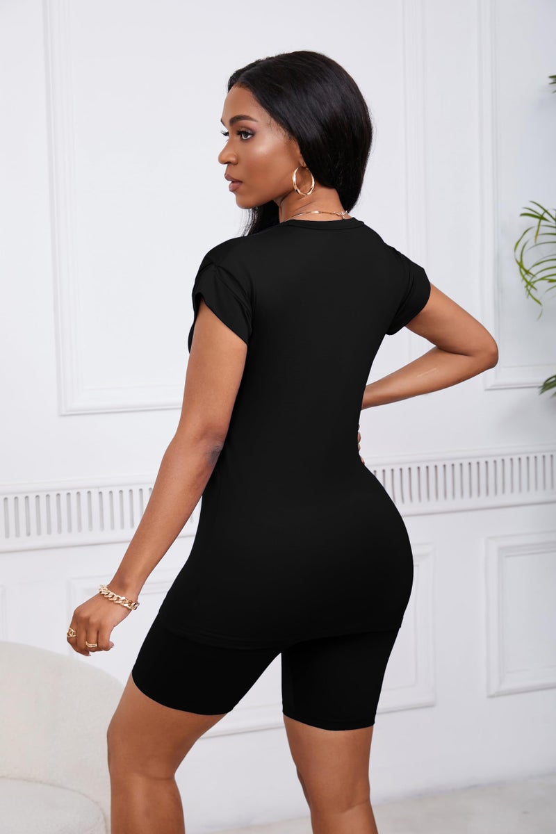 PINSV Women 2 Piece Outfits Summer Sweatsuits Track Suits Biker Short Workout Jogger Sets Black L - Image 4