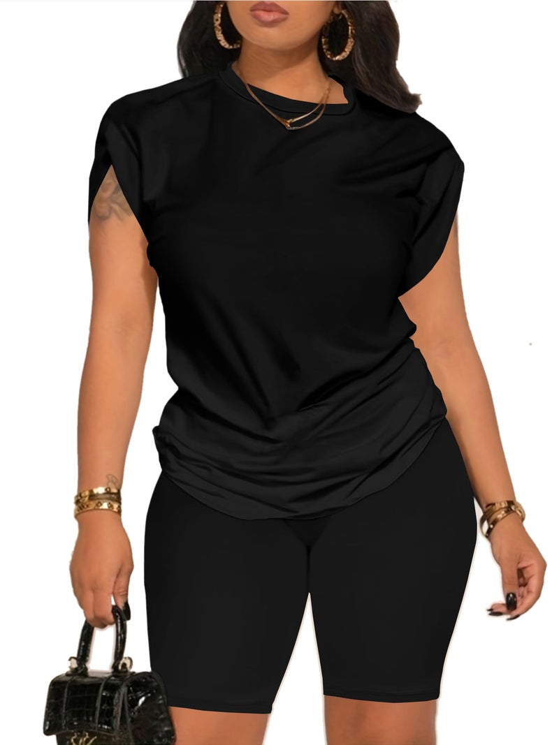 PINSV Women 2 Piece Outfits Summer Sweatsuits Track Suits Biker Short Workout Jogger Sets Black L - Image 1