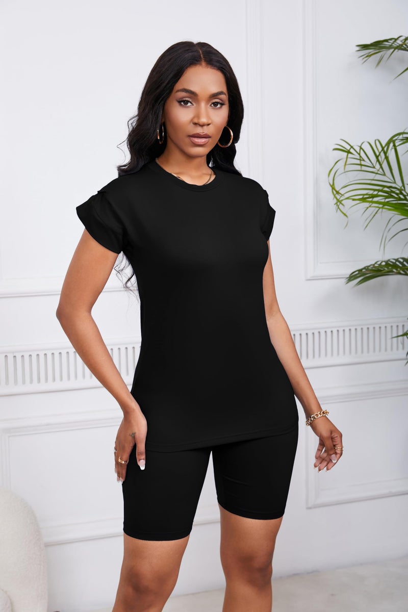 PINSV Women 2 Piece Outfits Summer Sweatsuits Track Suits Biker Short Workout Jogger Sets Black L - Image 2