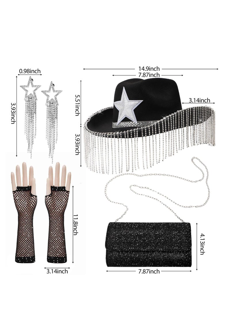 4 Pcs Rhinestone Cowgirl Hat with Fishnet Gloves Glitter Purse Earrings Fringe Cowboy for Party Music Festival - Image 3