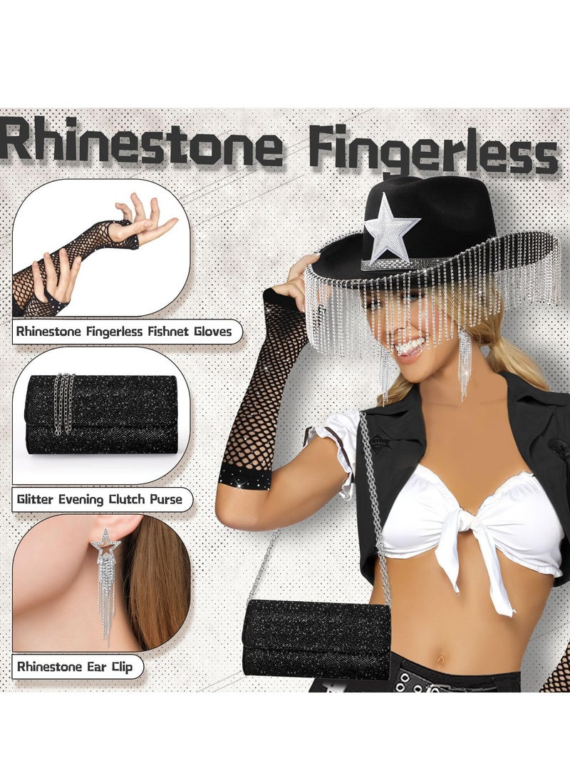 4 Pcs Rhinestone Cowgirl Hat with Fishnet Gloves Glitter Purse Earrings Fringe Cowboy for Party Music Festival - Image 2