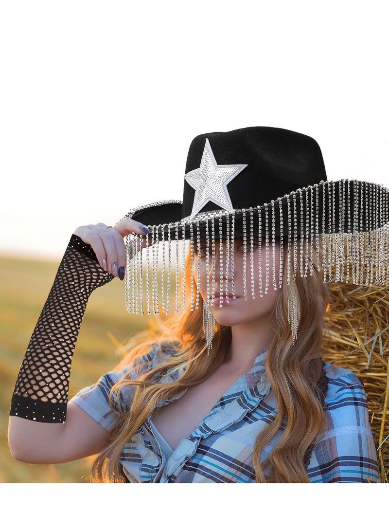 4 Pcs Rhinestone Cowgirl Hat with Fishnet Gloves Glitter Purse Earrings Fringe Cowboy for Party Music Festival - Image 4