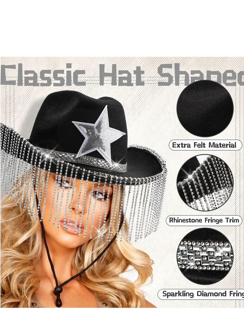 4 Pcs Rhinestone Cowgirl Hat with Fishnet Gloves Glitter Purse Earrings Fringe Cowboy for Party Music Festival - Image 5