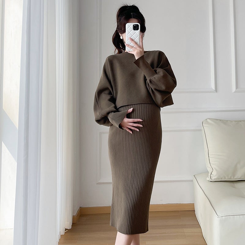 Knitted Camisole Sweater Dress Set with Coat for Maternity Coffee brown 