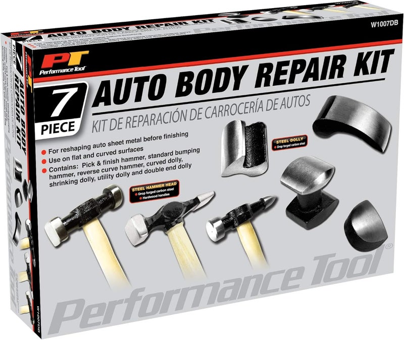 Performance Tool W1007DB 7-Piece Auto Body Repair Kit with Carbon Steel Hammer Heads and Dollies on Wood Handles - Image 2