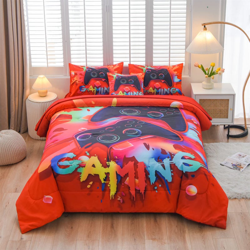 Aimuan Gaming Comforter Sets for Boys Kids Bedding Sets Video Games Console Action Buttons Novelty Colorful Game Gamepad Controller Modern Gamer Room Decor Home Quilt Set Twin 6 Pcs Red