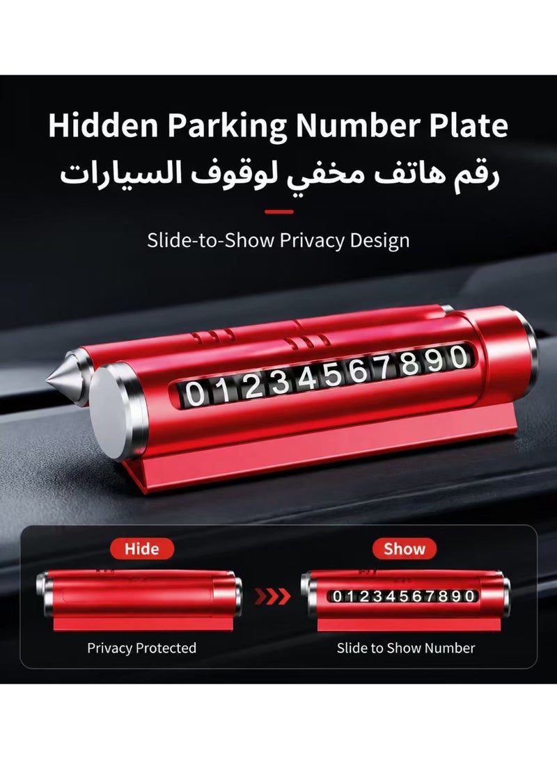 لوحة رقم مواقف السيارات 4 في 1 مع شاشة خصوصية مخفية – حامل هاتف محمول، حامل معطر هواء، وكسّار نوافذ طوارئ – إكسسوار لوحة عدادات متعدد الوظائف من سبيكة - Image 3
