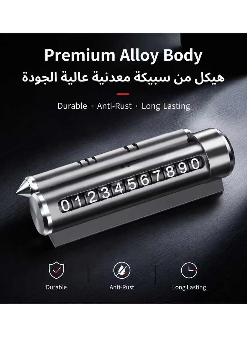لوحة رقم مواقف السيارات 4 في 1 مع شاشة خصوصية مخفية – حامل هاتف محمول، حامل معطر هواء، وكسّار نوافذ طوارئ – إكسسوار لوحة عدادات متعدد الوظائف من سبيكة - Image 4