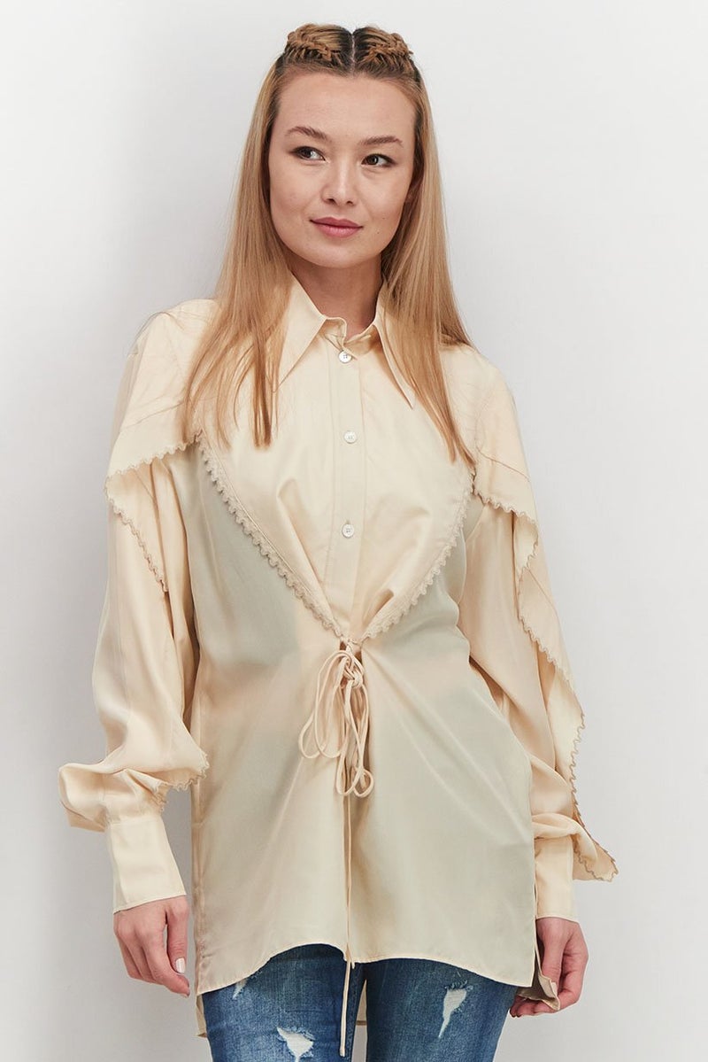 STELLA MCCARTNEY Women Spread Collar Long Sleeve Solid Top, Tan  - Image 1