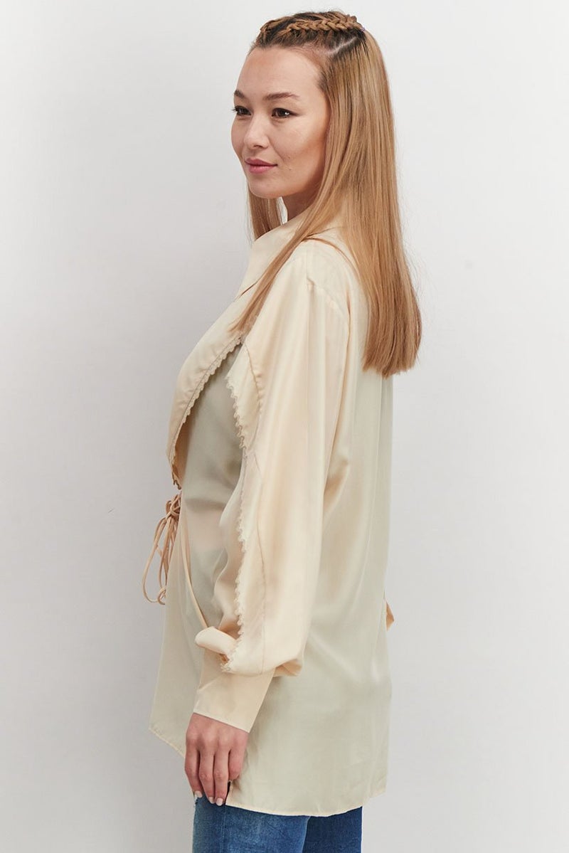 STELLA MCCARTNEY Women Spread Collar Long Sleeve Solid Top, Tan  - Image 3