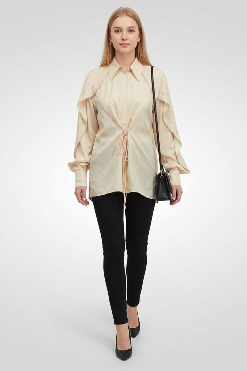 STELLA MCCARTNEY بلوزة نسائية بأكمام طويلة وياقة مفتوحة، تان - Image 3