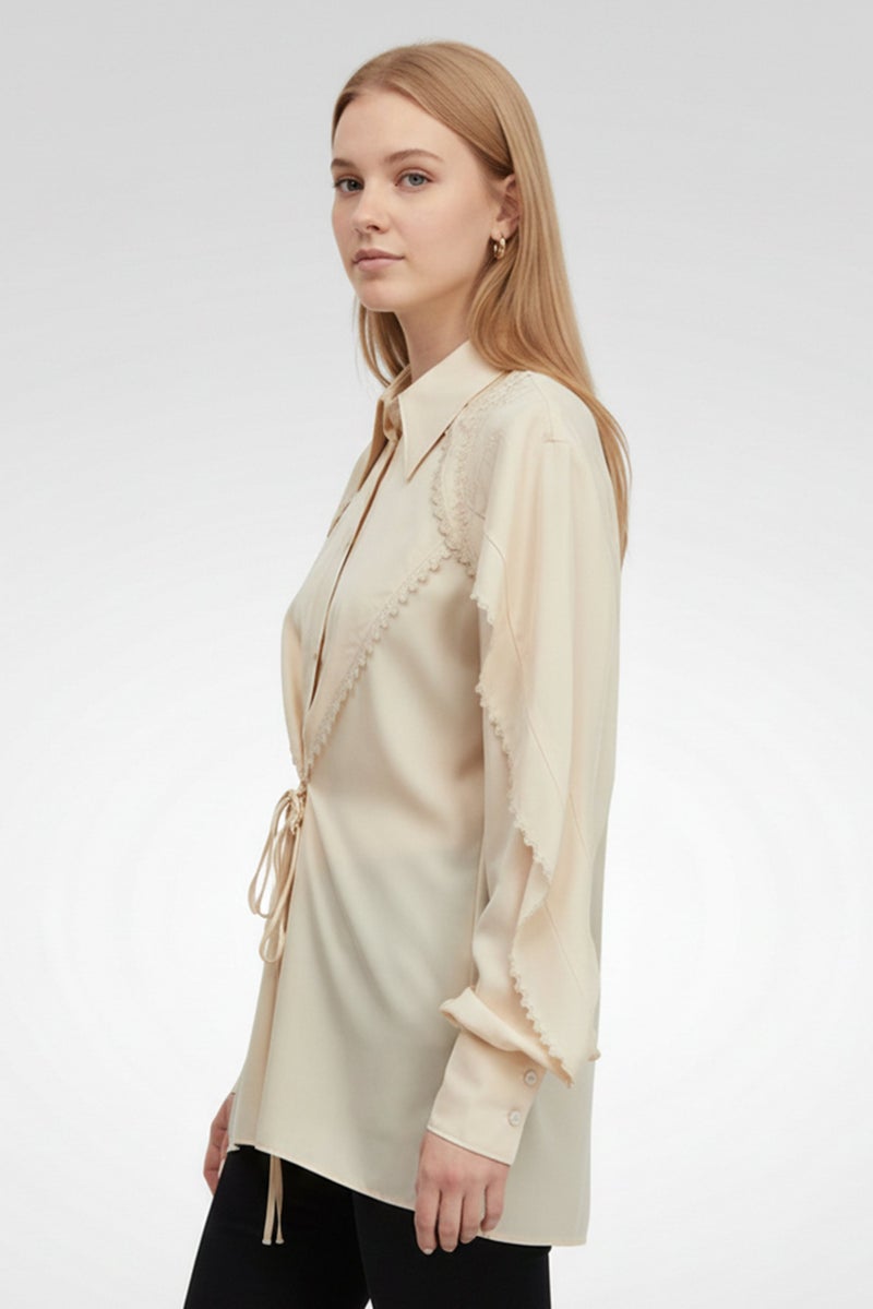 STELLA MCCARTNEY بلوزة نسائية بأكمام طويلة وياقة مفتوحة، تان - Image 2