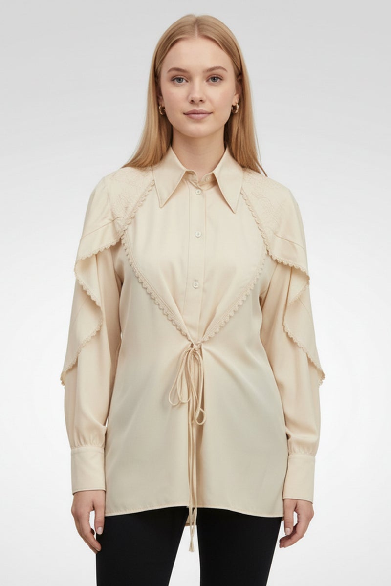 STELLA MCCARTNEY بلوزة نسائية بأكمام طويلة وياقة مفتوحة، تان - Image 1