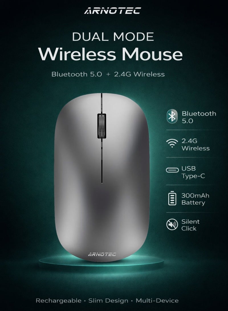 ARNOTEC Wireless Mouse Bluetooth & 2.4G Dual Mode, Type-C Rechargeable Ergonomic Mouse with Silent Clicks, Metal Scroll Wheel, 3 DPI Levels, Portable & Lightweight, for Laptop/Tablet/PC/iOS/Android - Image 1
