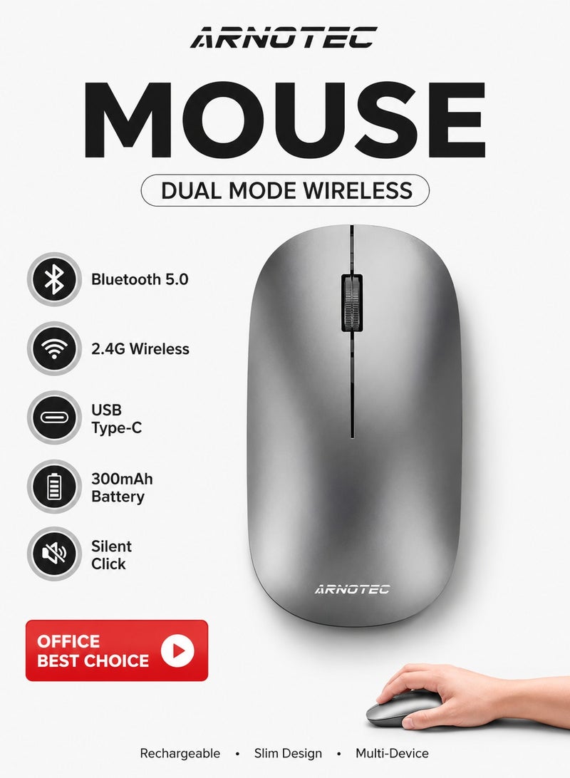 ARNOTEC ماوس لاسلكي بلوتوث و 2.4G وضع مزدوج، ماوس مريح قابل لإعادة الشحن من نوع-C مع نقرات صامتة، عجلة تمرير معدنية، 3 مستويات DPI، محمول وخفيف الوزن، للابتوب/اللوحة/الكمبيوتر الشخصي/iOS/أندرويد - Image 1