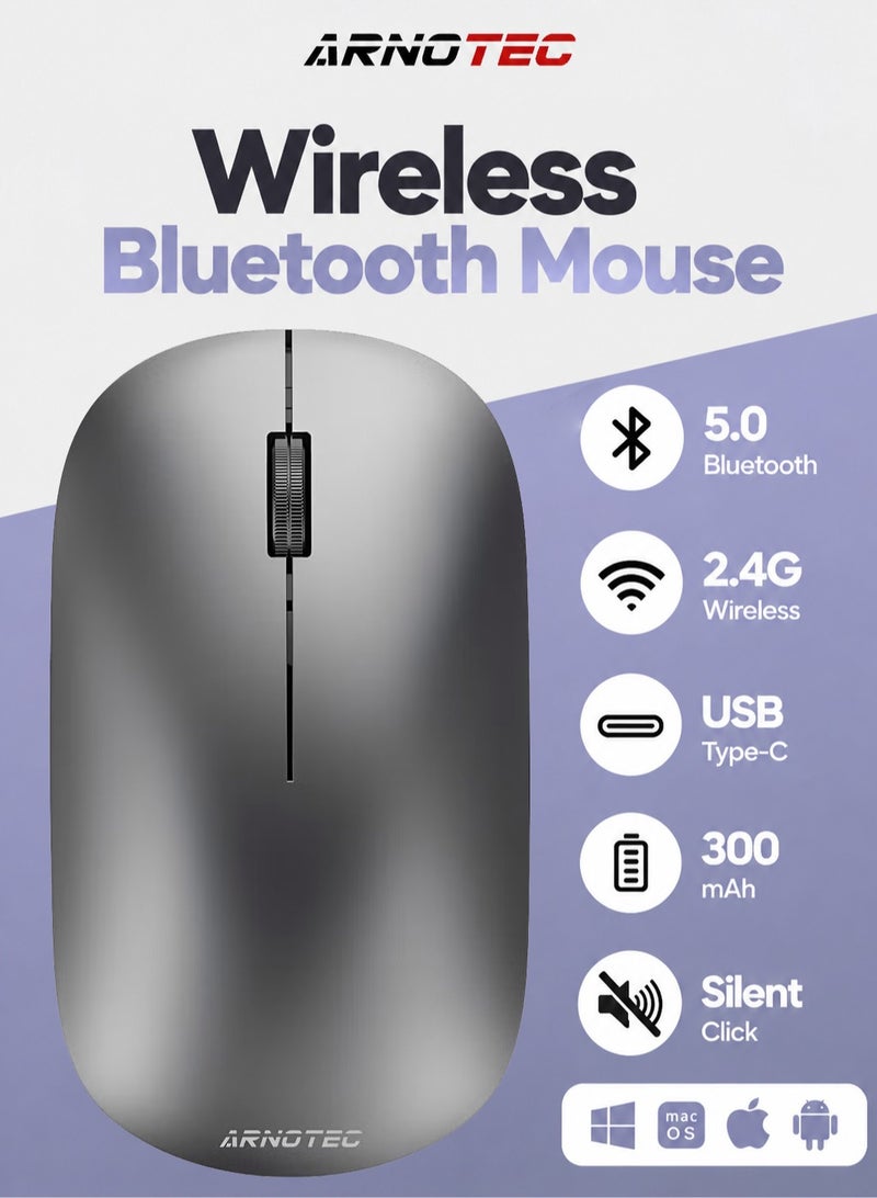ARNOTEC ماوس لاسلكي بلوتوث و 2.4G وضع مزدوج، ماوس مريح قابل لإعادة الشحن من نوع-C مع نقرات صامتة، عجلة تمرير معدنية، 3 مستويات DPI، محمول وخفيف الوزن، للابتوب/اللوحة/الكمبيوتر الشخصي/iOS/أندرويد - Image 1
