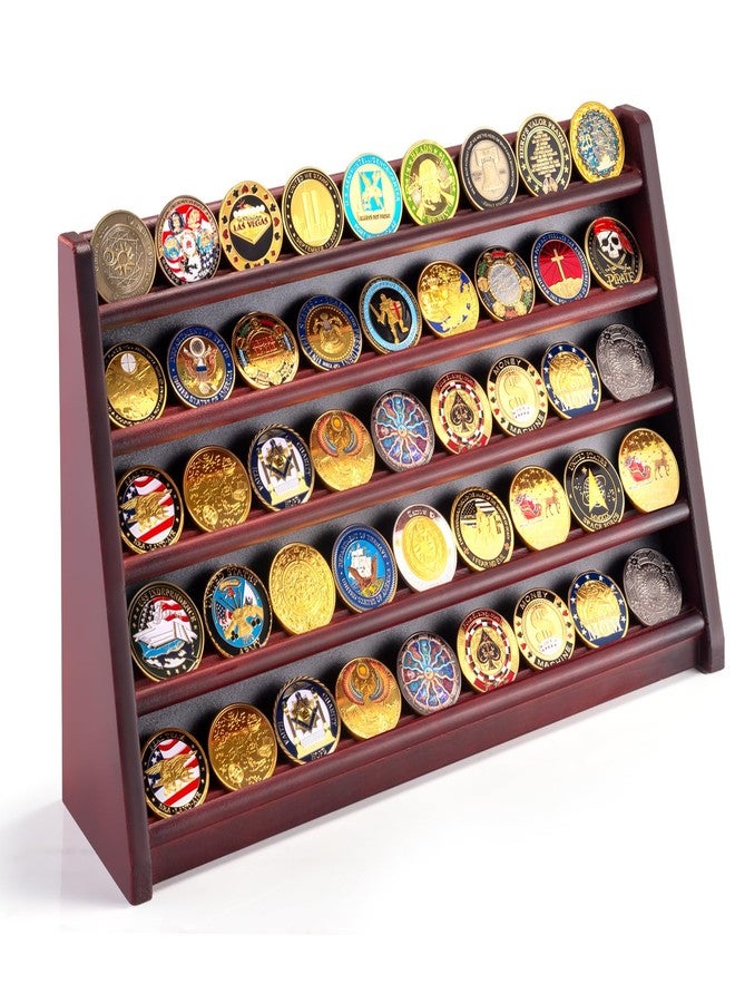 ULTRGEE 5 Row Challenge Coin Display Stand, Wood Military Army Coins Rack for Wall or Desk Display, Coin Storage Holder Case for Coin Collection, Brown - Image 1