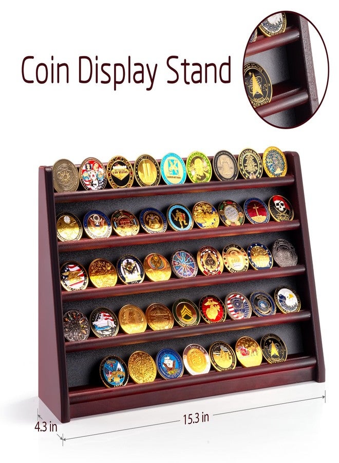 ULTRGEE 5 Row Challenge Coin Display Stand, Wood Military Army Coins Rack for Wall or Desk Display, Coin Storage Holder Case for Coin Collection, Brown - Image 2