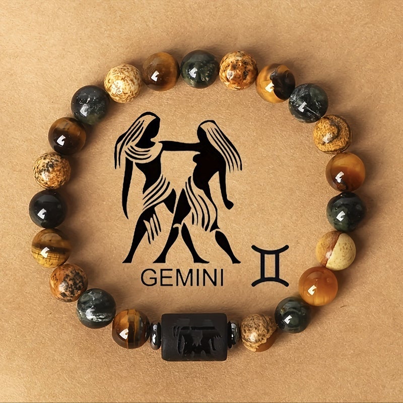 12 Zodiac Sign Bracelet with 8mm Tiger Eye Stone - Handmade Natural Beaded Charm
