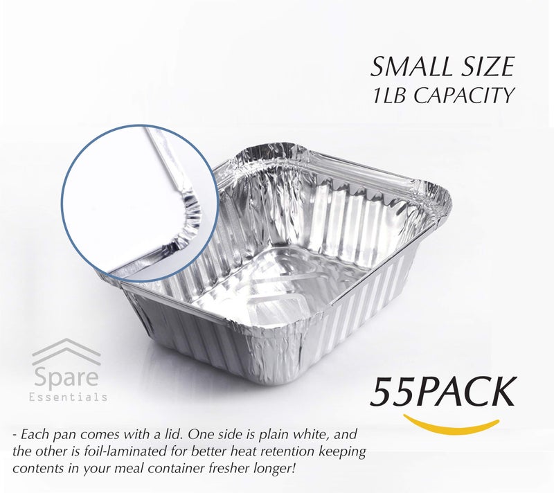 Spare Essentials 55-Pack Aluminum Foil Containers With Lids - 1 LB Disposable Take Out Pans for Freezer Meals - Image 2