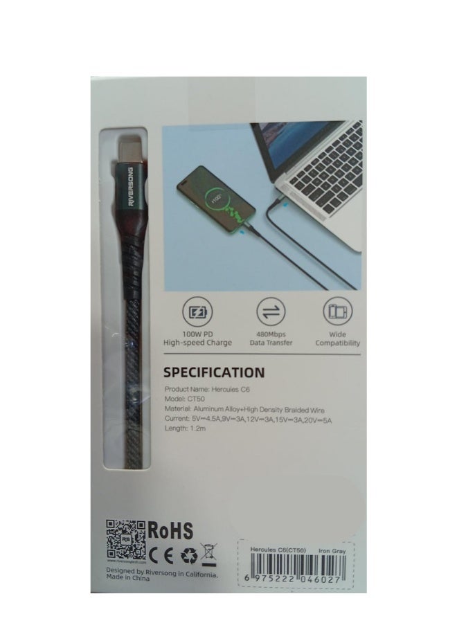 ريفرسونج كابل شحن Riversong Hercules C6 CT50 بقدرة 100 واط وتقنية PD 3.0 (من النوع C إلى النوع C) - بطول 1.20 متر - لون أسود - Image 5