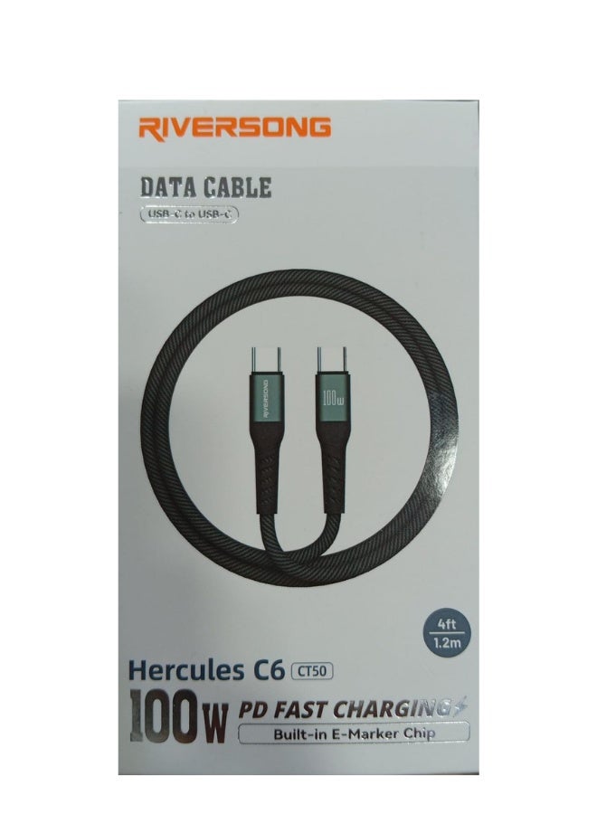 ريفرسونج كابل شحن Riversong Hercules C6 CT50 بقدرة 100 واط وتقنية PD 3.0 (من النوع C إلى النوع C) - بطول 1.20 متر - لون أسود - Image 4