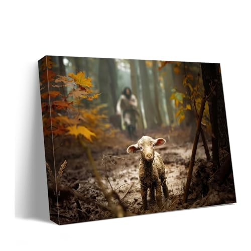 Ploceiny Baptism gifts for boys or girl wall decor christian gifts for women  men Jesus and Lamb Canvas poster Jesus Running After Lost Lamb Picture for prayer room Posters religious gift serenity prayer wall art for home decor A366 24X16 - Image 1