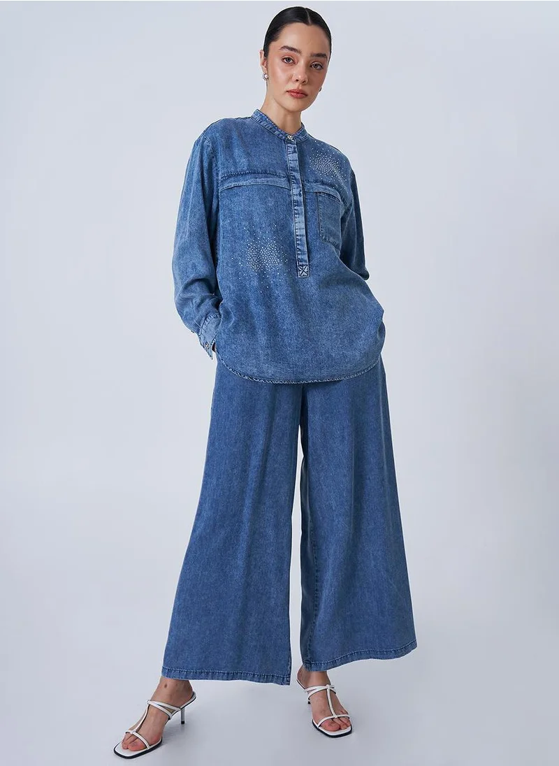 Kayra Hotfix Printed Tunic Pants Set Towel Wash