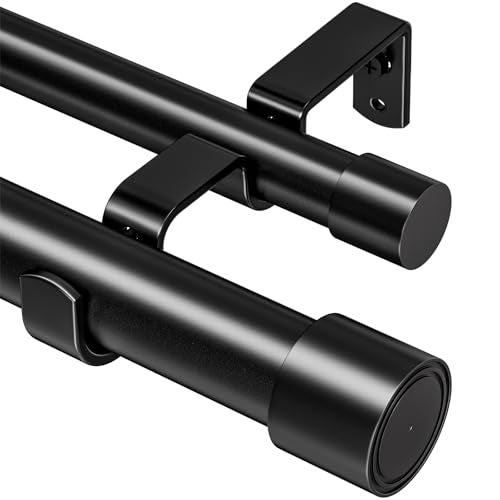 Abiglifty Double Curtain Rod 42 to 122 Inch, 1 Inch Telescoping Double Curtain Rods for Windows, Black Double Curtain Rod with Classic Cap Finial, Black - Image 1