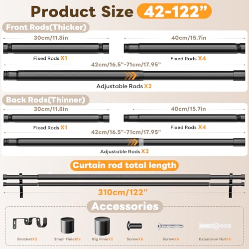 Abiglifty Double Curtain Rod 42 to 122 Inch, 1 Inch Telescoping Double Curtain Rods for Windows, Black Double Curtain Rod with Classic Cap Finial, Black - Image 2