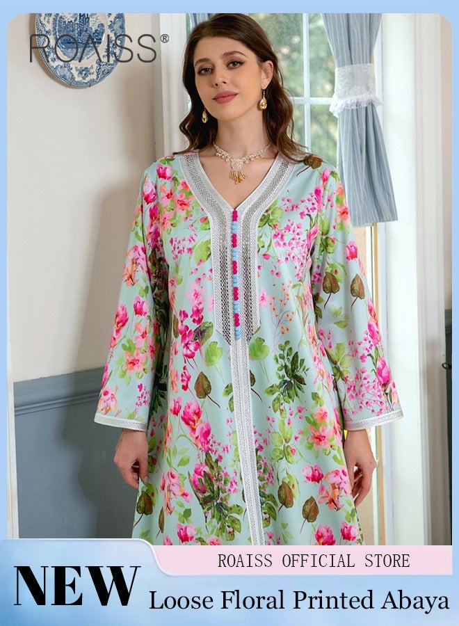 roaiss Women's V-Neck Long-Sleeved Maxi Dress Floral Pattern Embroidery Front Print Breathable Caftan Arabian Robe - Image 2