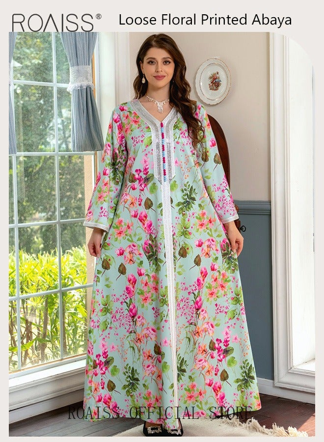 roaiss Women's V-Neck Long-Sleeved Maxi Dress Floral Pattern Embroidery Front Print Breathable Caftan Arabian Robe - Image 1