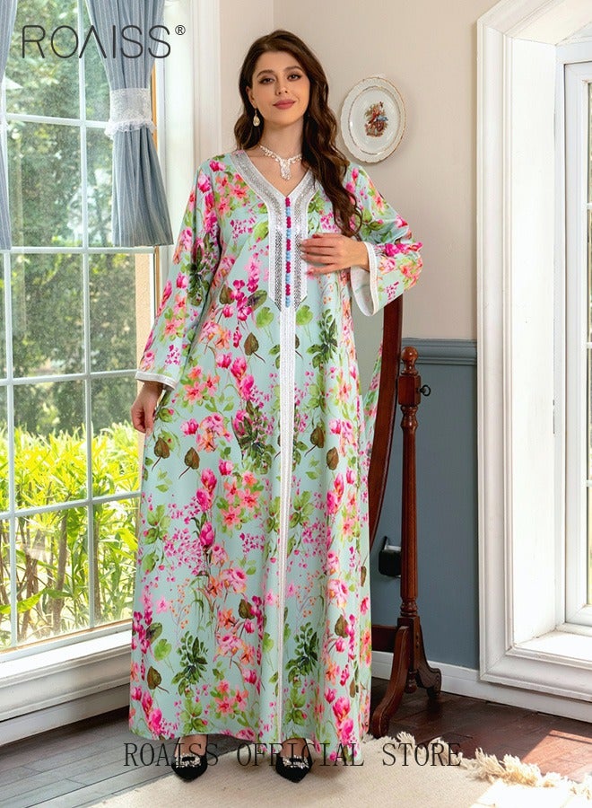 roaiss Women's V-Neck Long-Sleeved Maxi Dress Floral Pattern Embroidery Front Print Breathable Caftan Arabian Robe - Image 3