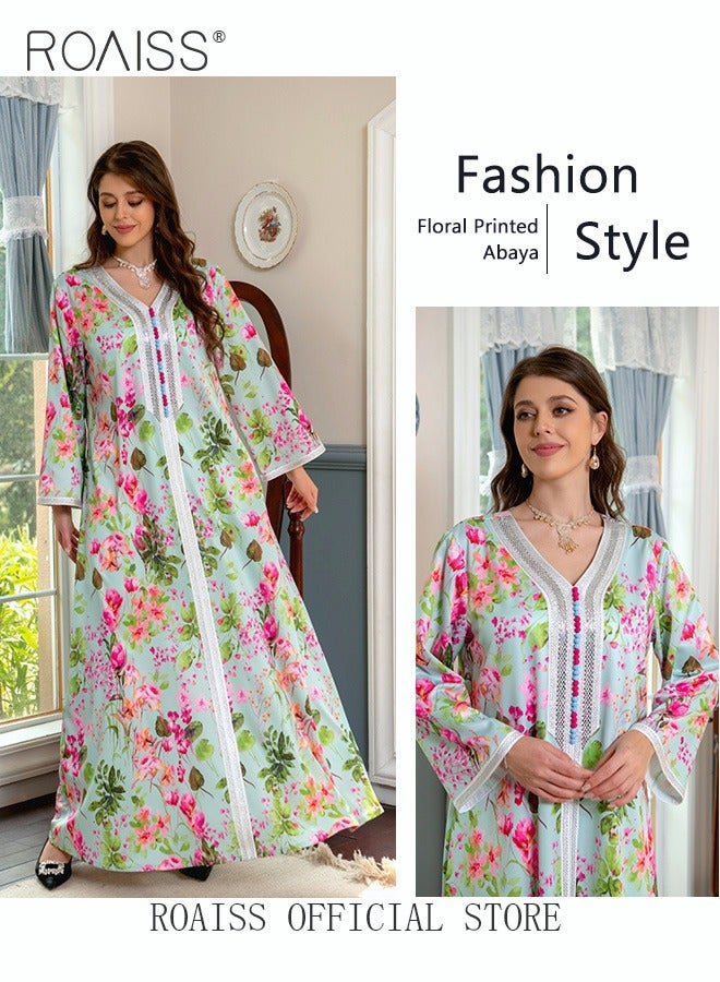 roaiss Women's V-Neck Long-Sleeved Maxi Dress Floral Pattern Embroidery Front Print Breathable Caftan Arabian Robe - Image 5