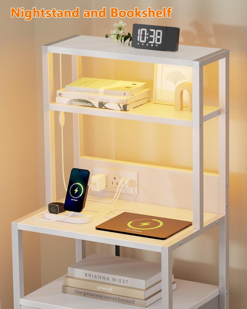 Furnulem Night Stand, Tall White Nightstand with 4-Tier Shelves, 2 PU Fabric Drawers and Light Tube, Bed Side Tables with Charging Station, Bedside Table for Bedroom - Image 5